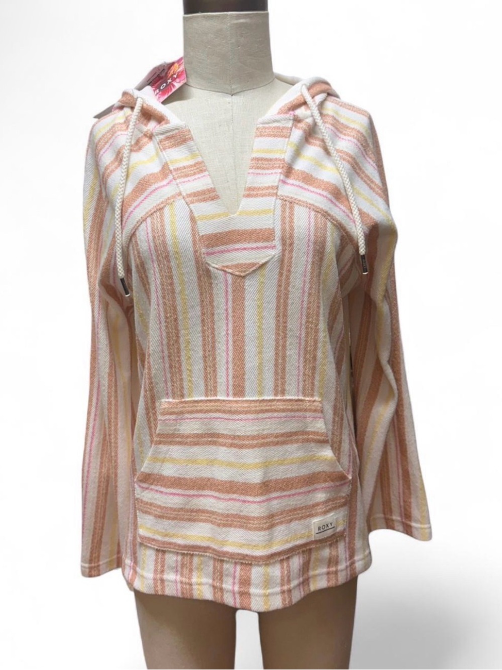 NWT Roxy striped hoodie poncho beach surf pink yellow white terry long sleeve